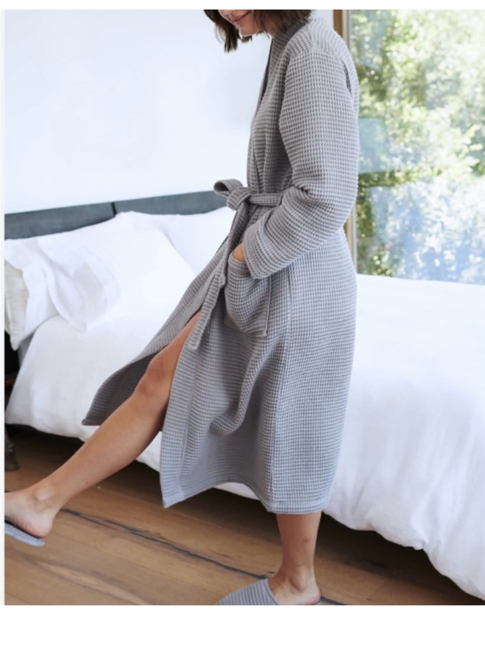 Quince organic cotton waffle knit robe grey